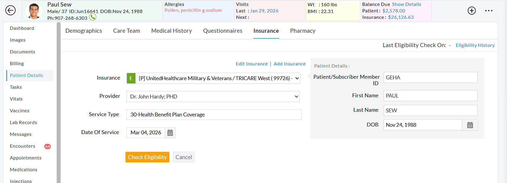 Insurance Details with Service Type 30