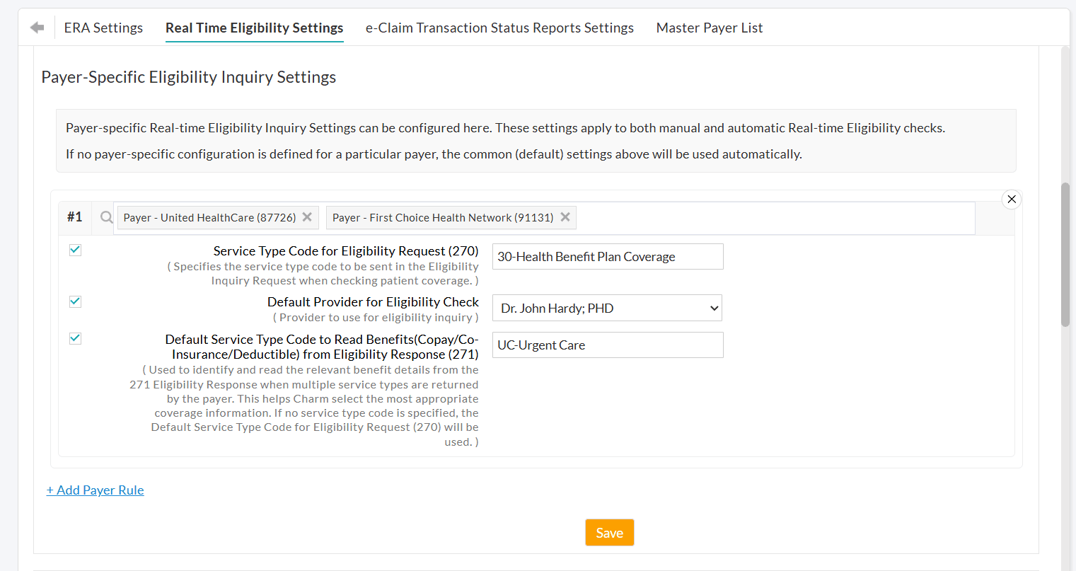 Payer Specific Eligibility Inquiry Settings