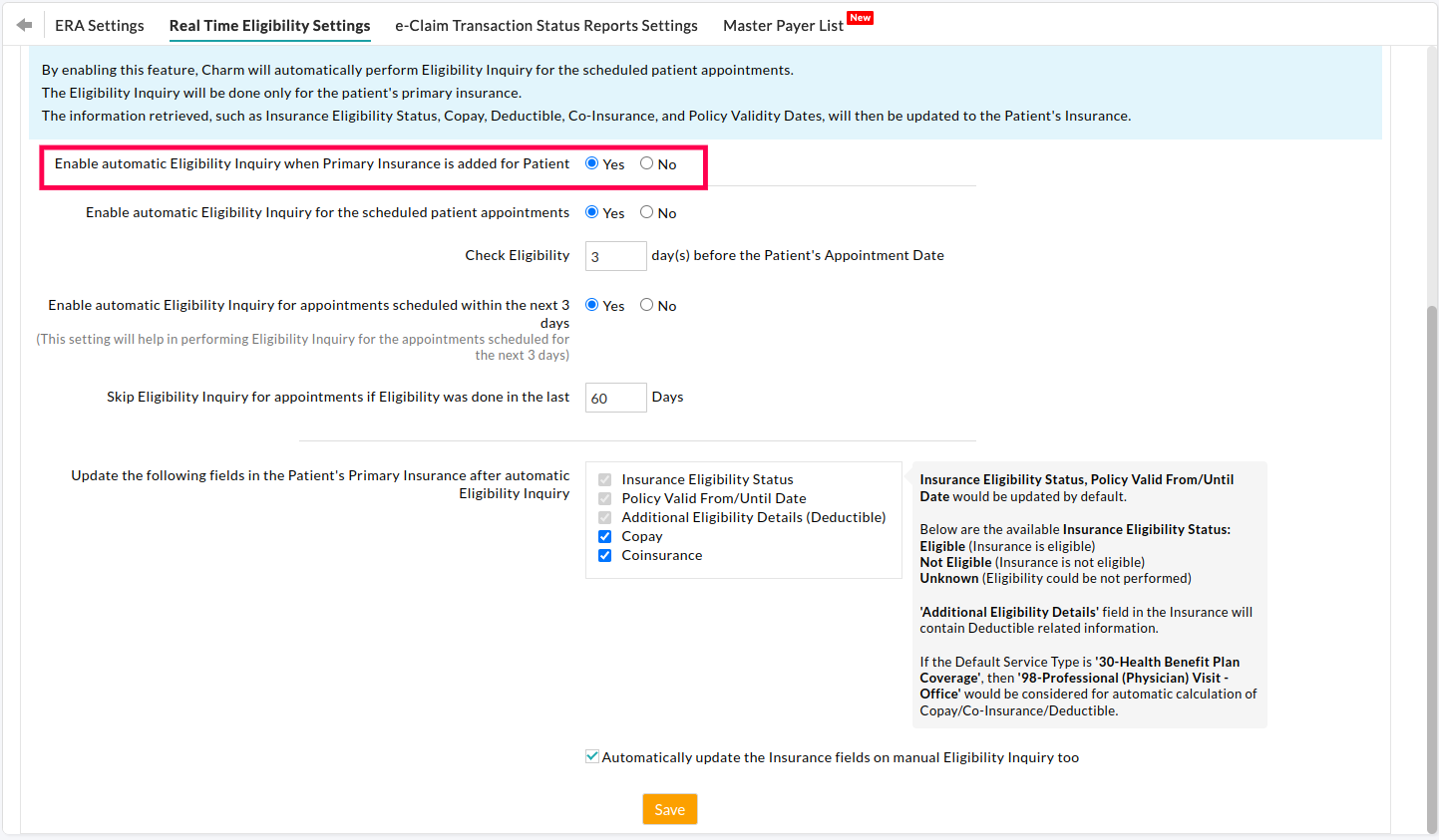 Real Time Eligibility Settings