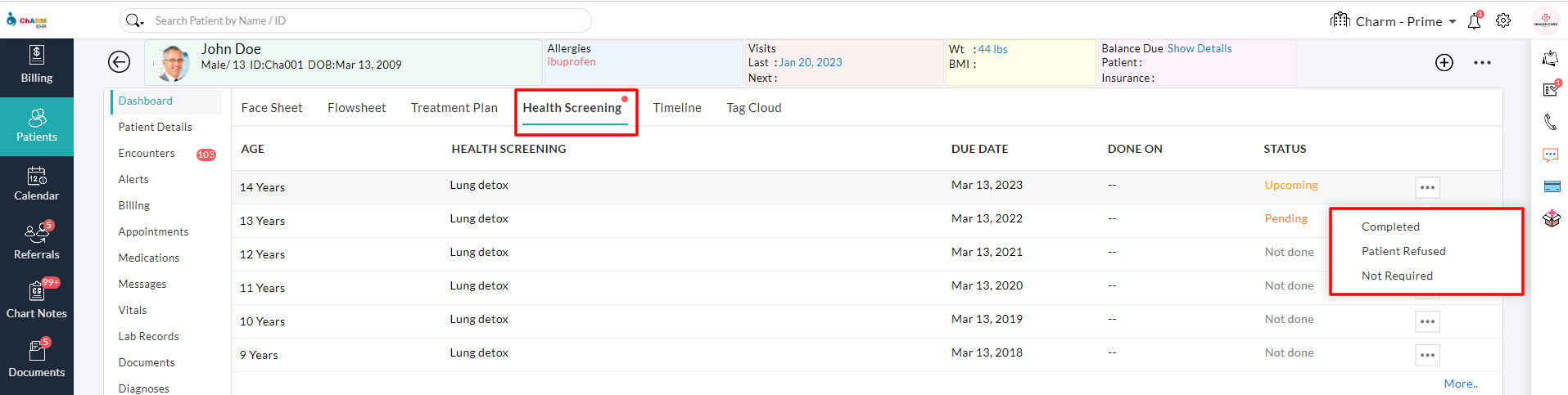 Health Screening in Dashboard Health Screening in Dashboard